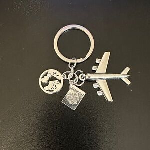 Silver Travel Charm Keychain with Airplane, Globe & Passport